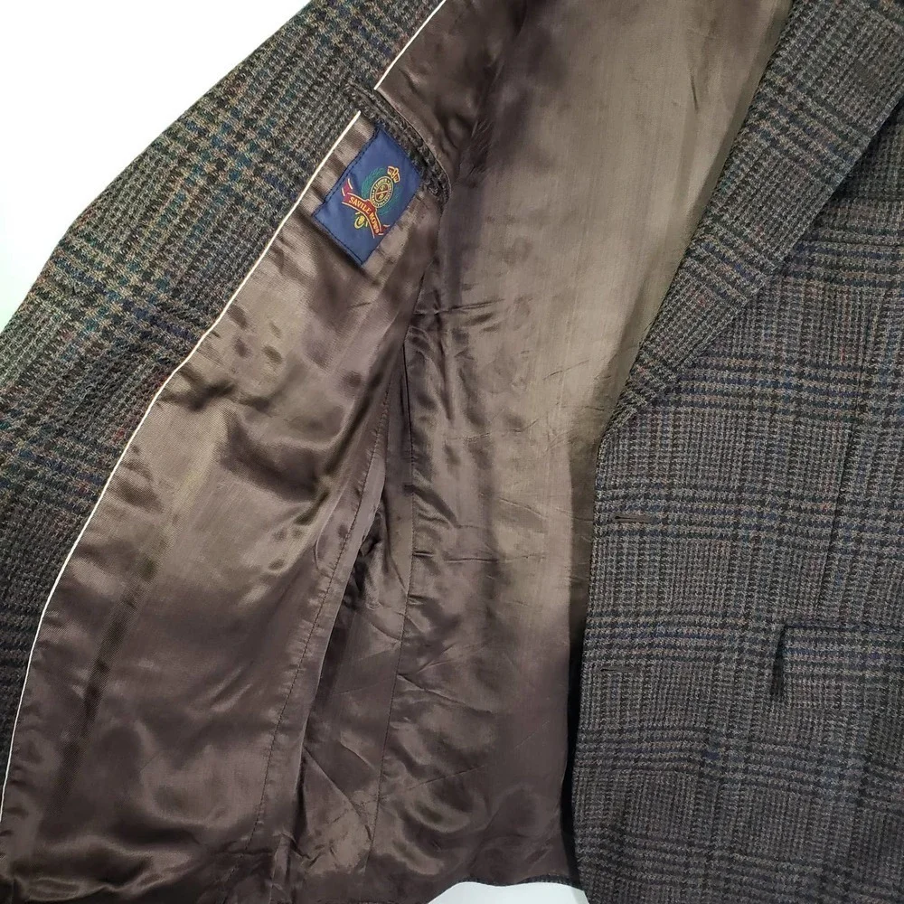 Savile Row Houndstooth Plaid Wool‎ Sport Coat Men's 42L Brown Blue Black